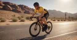 Photorealistic high-res image of a speedy unisex road bike rider in a desert in sunshine driving very fast on an asphalt road on a road bike (1).jpeg